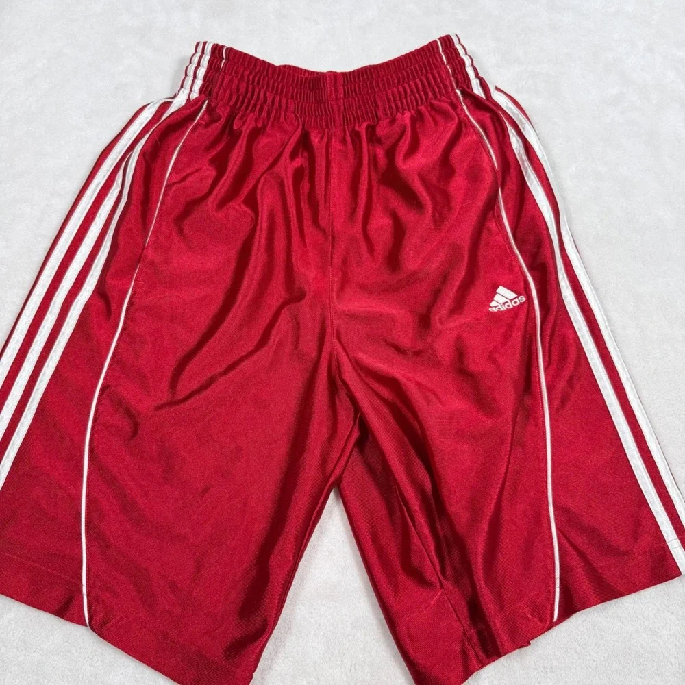 Adidas Mens Red White 3 Stripe Basketball Shorts Elastic Waist AZB001 Size Small